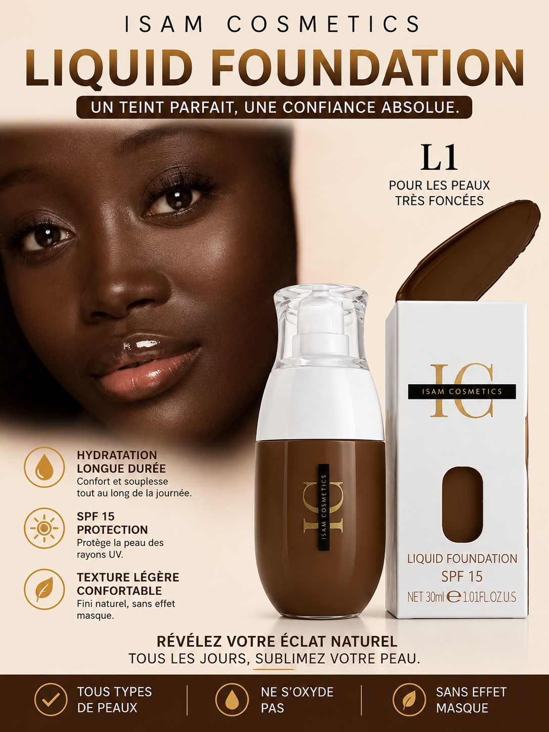 ISAM COSMETICS – Liquid Foundation SPF 15 ✨ L1 – Image 2